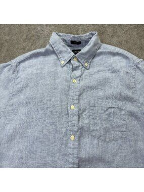 J.Crew Linen Shirt Men M Blue Solid Short Sleeve Slim Fit Cotton